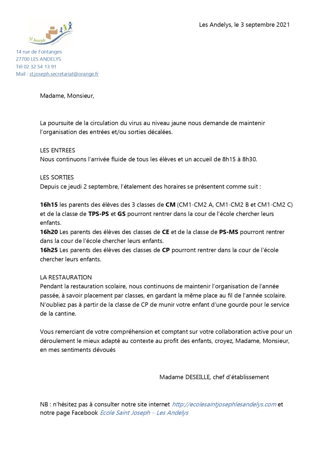 Lettre aux parents 3/09/2021