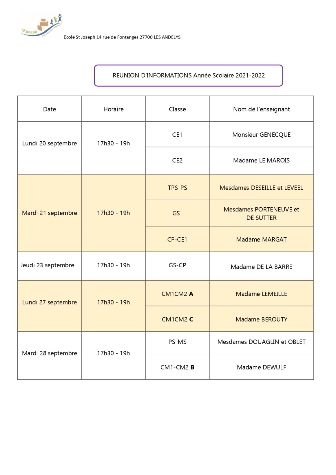 Réunions d’information pour l’année scolaire 2021-2022